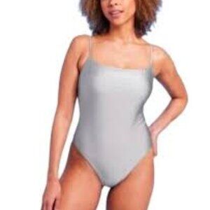 SHADE & SHORE SILVER SHIMMER GRAY HIGH-CUT CHEEKY ONE PIECE SWIMSUIT SIZE MEDIUM